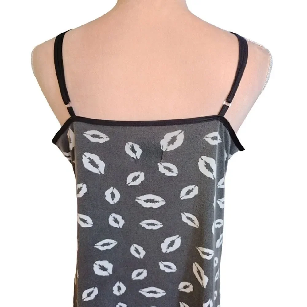 Y2K Black White Lips Printed Lace Trimmed Chemise Mini Slip Dress Large - Picture 9 of 11